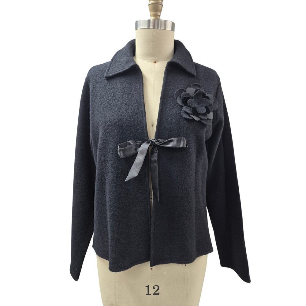 DONCASTER 100% Wool Black Tie Front Cardigan Sweater Flower Detail Sz XL NWOT